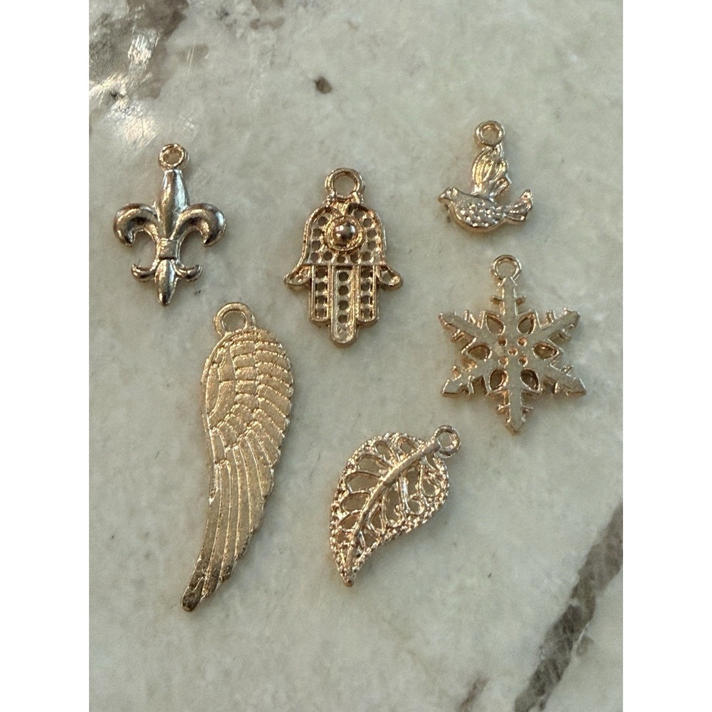 Gold Tone Charms Lot of Six Wing Leaf‎ Hamsa Bird Snowflake